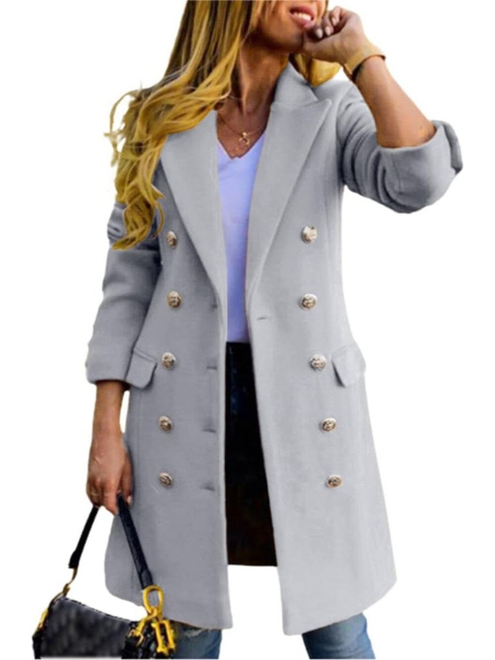 Women's Light Grey Wool Blend Double Breasted Gold Buttons Midi Long Trench Coat